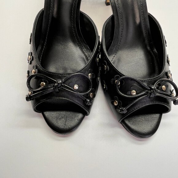 Larroude Jasmine Black Studded Leather Mule Size 8 Peep Toe Heel Slip-On - Picture 13 of 16